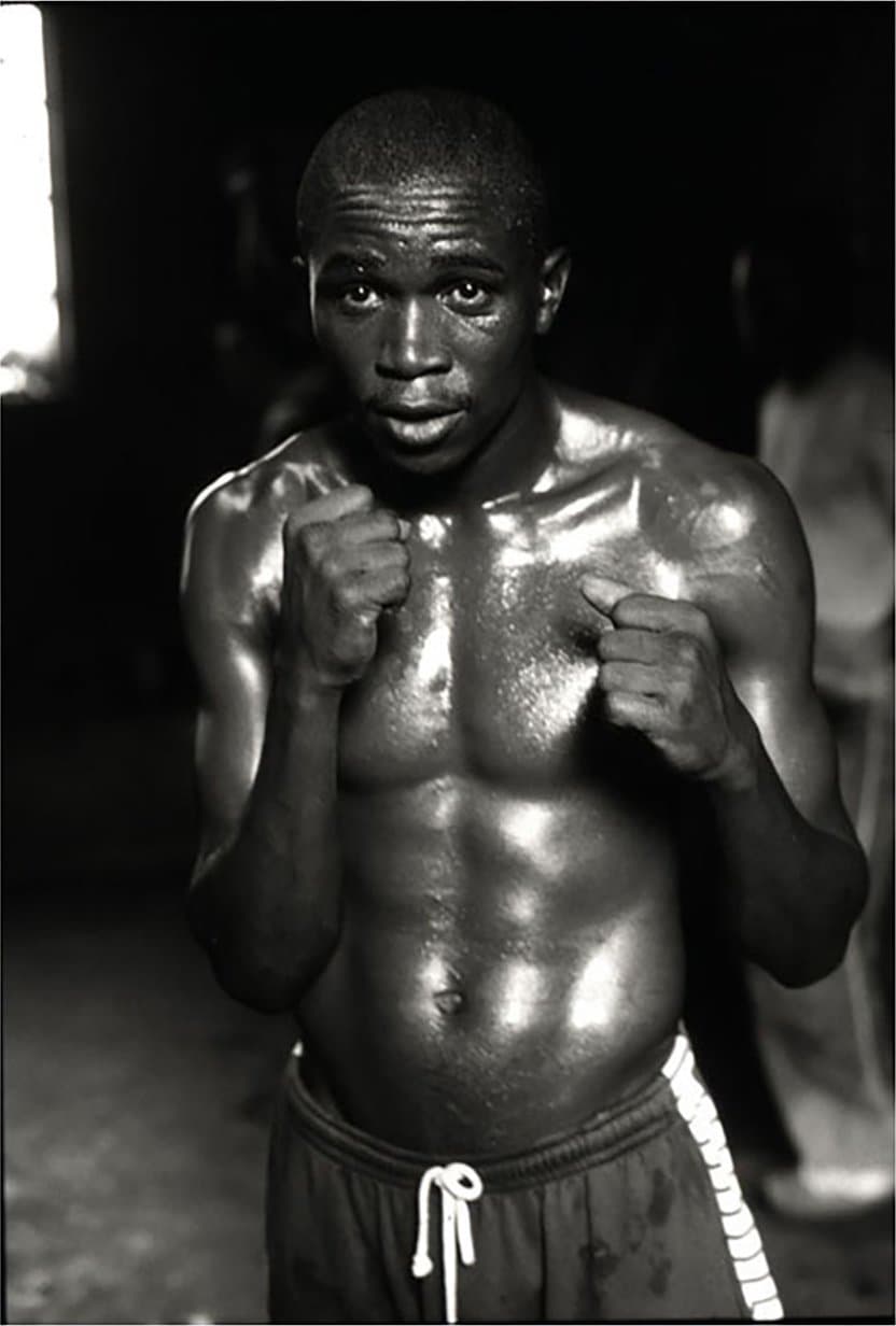 A boxer with gloves raised